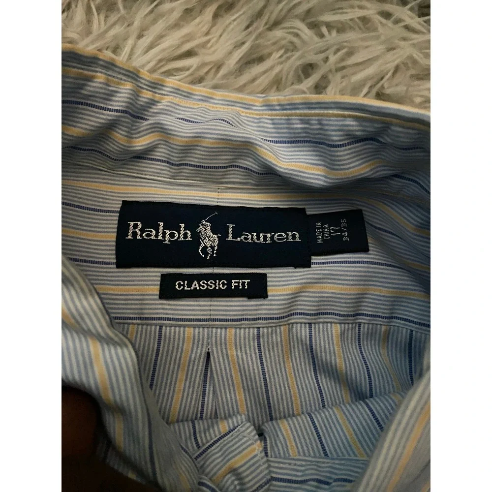 Ralph Lauren Classic Fit Dress Shirt Men's‎ 17 34/35 Blue Yellow Striped Cotton